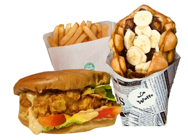 Combo Burger: Burger Crispy (240g) + Cartofi Pai (100g) + Vafa cu Nutella si Banane (200g)